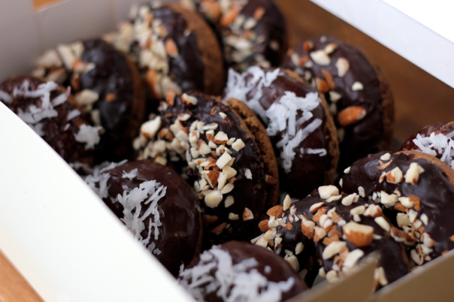 Chocolate Vegan Donuts with Almonds and Shredded Coconut | #veggieangie